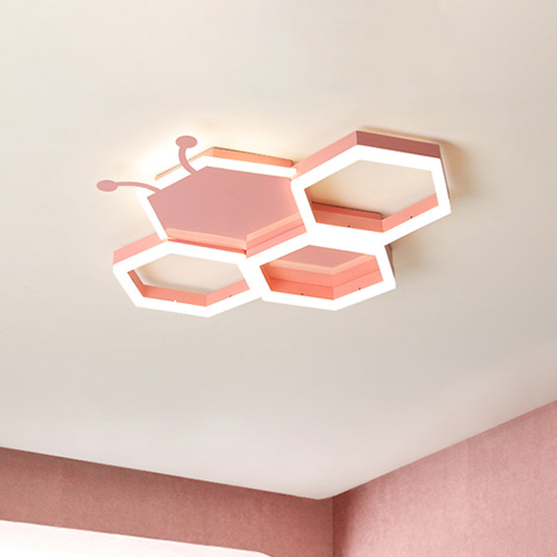 Kids Honeycomb Iron Ceiling Flush Light LED Flushmount Lighting in Pink/Black for Baby Room, Warm/White Light