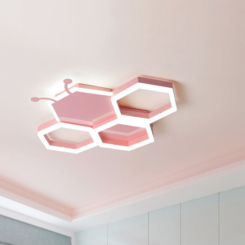 Kids Honeycomb Iron Ceiling Flush Light LED Flushmount Lighting in Pink/Black for Baby Room, Warm/White Light