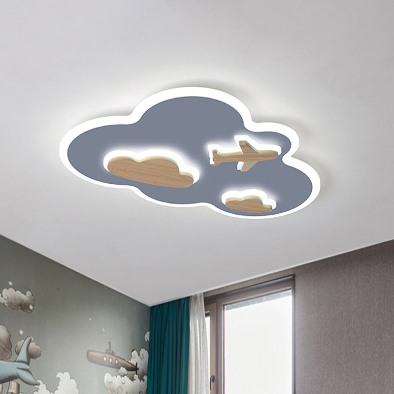 Flight In Clouds Ceiling Flush Mount Cartoon Acrylic Blue and Wood LED Flush Light Fixture