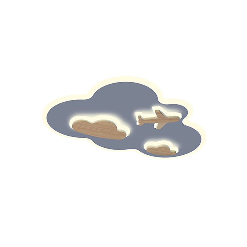 Flight In Clouds Ceiling Flush Mount Cartoon Acrylic Blue and Wood LED Flush Light Fixture