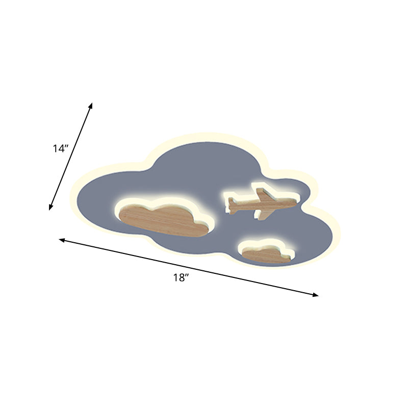 Flight In Clouds Ceiling Flush Mount Cartoon Acrylic Blue and Wood LED Flush Light Fixture