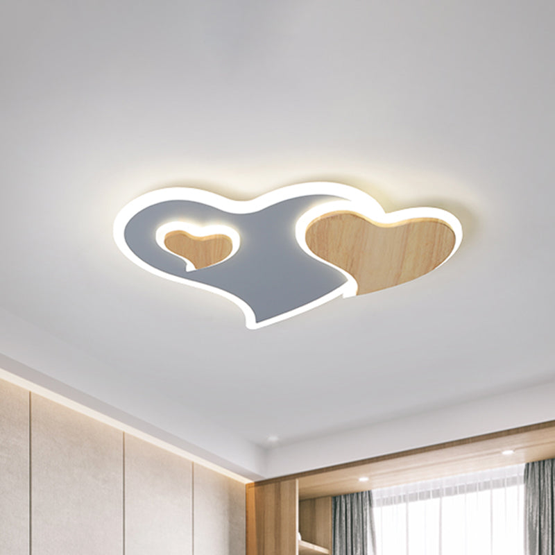 Nordic Triple Heart Shape Flushmount Acrylic Bedroom LED Close to Ceiling Light in Blue and Wood