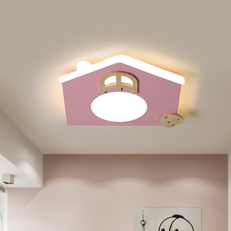Acrylic House Thin Flush Mounted Light Cartoon Pink/Blue LED Ceiling Flushmount Lamp for Kids Room