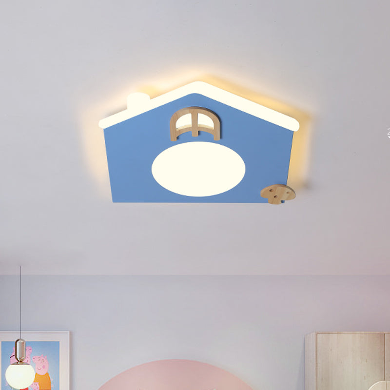 Acrylic House Thin Flush Mounted Light Cartoon Pink/Blue LED Ceiling Flushmount Lamp for Kids Room