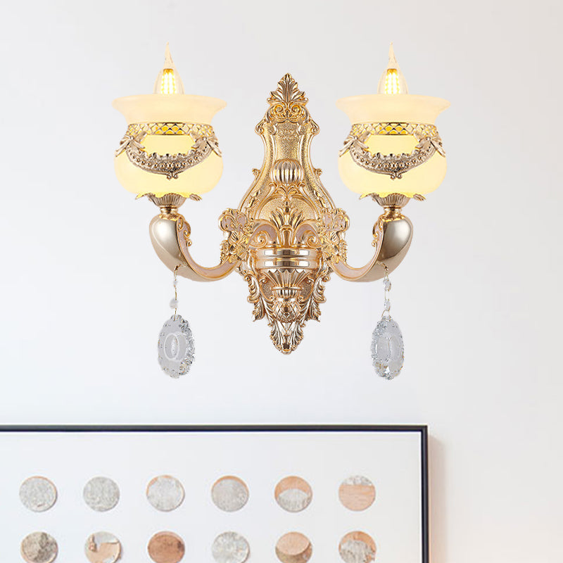 Gold Candlestick Sconce Lamp Traditional Jade 1/2-Light Living Rom Wall Light with Dangling Crystal