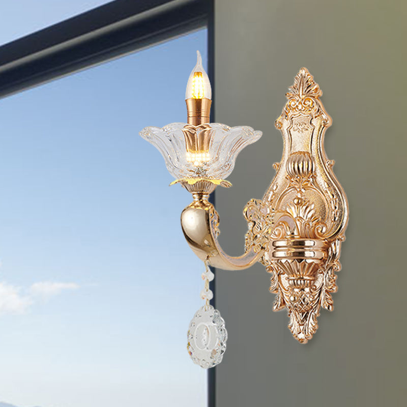 Retro Candlestick Sconce Lighting Fixture 1/2-Bulb Clear Crystal Glass Wall Mounted Light in Gold