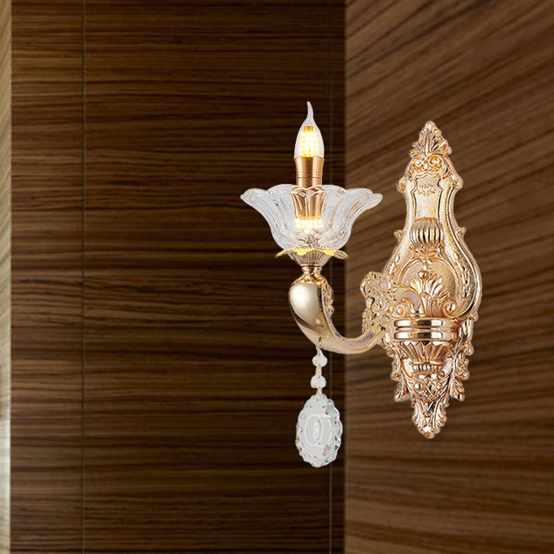 Retro Candlestick Sconce Lighting Fixture 1/2-Bulb Clear Crystal Glass Wall Mounted Light in Gold