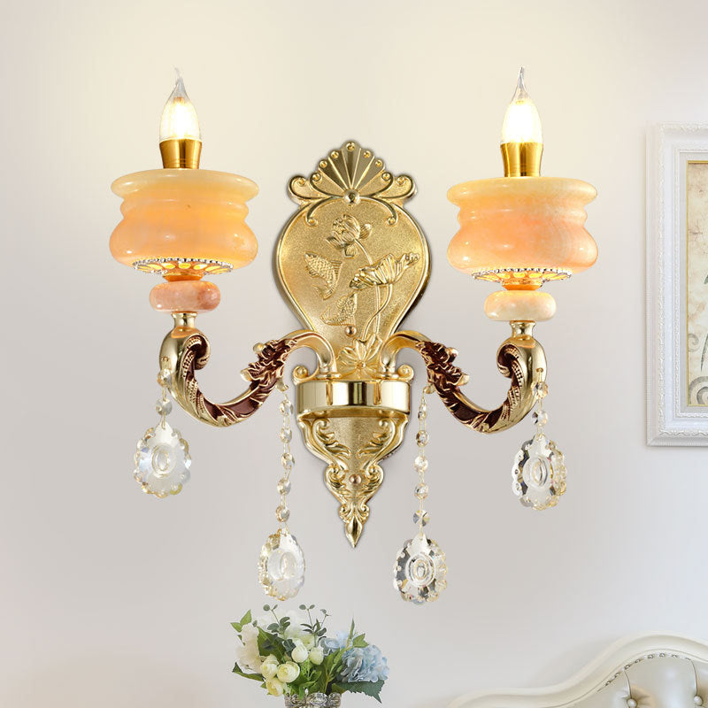 1/2-Bulb Candelabra Wall Lamp Traditionalism Gold Jade Wall Mounted Light Fixture with Crystal Drop