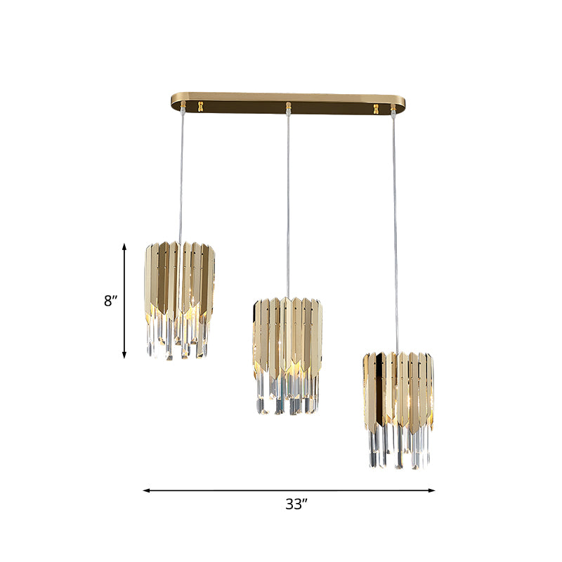 Luxurious Layered Cluster Pendant 3 Head Clear Crystal Rectangle Suspension Light in Gold for Dining Room