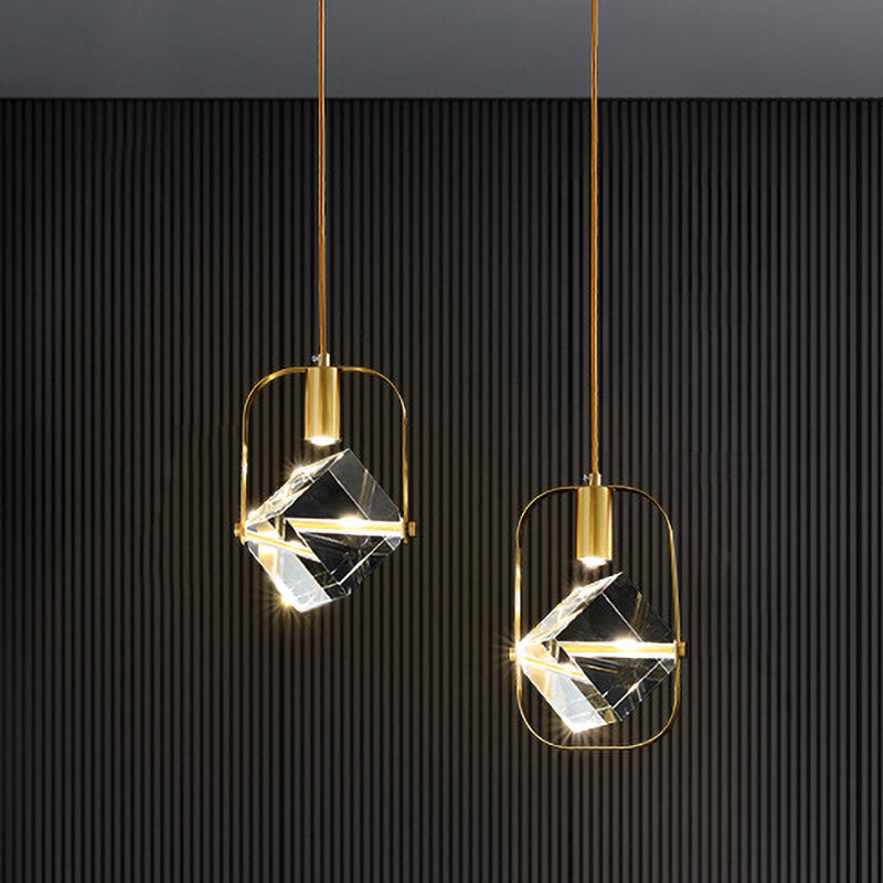 2-Head Cubic Multi Light Pendant Postmodern Gold Hanging Lamp with Metal Frame for Restaurant