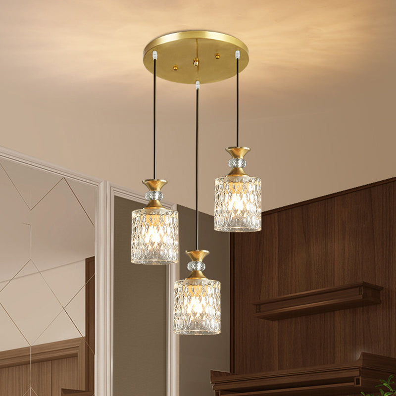 Cylindrical Crystal Cluster Pendant Light Luxurious 3 Lights Restaurant Down Lighting in Gold