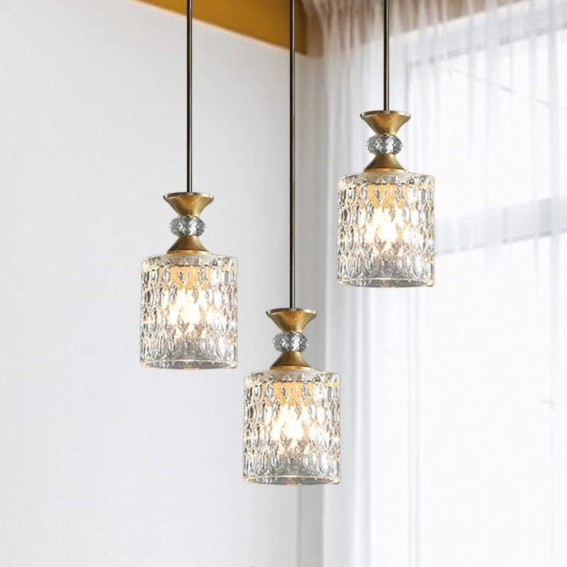 Cylindrical Crystal Cluster Pendant Light Luxurious 3 Lights Restaurant Down Lighting in Gold