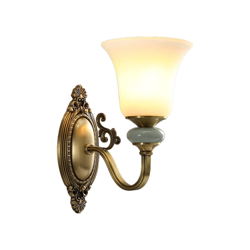 1/2-Bulb Frosted Glass Wall Mount Lamp Vintage Brass Finish Bell Bedside Up Wall Lighting Idea