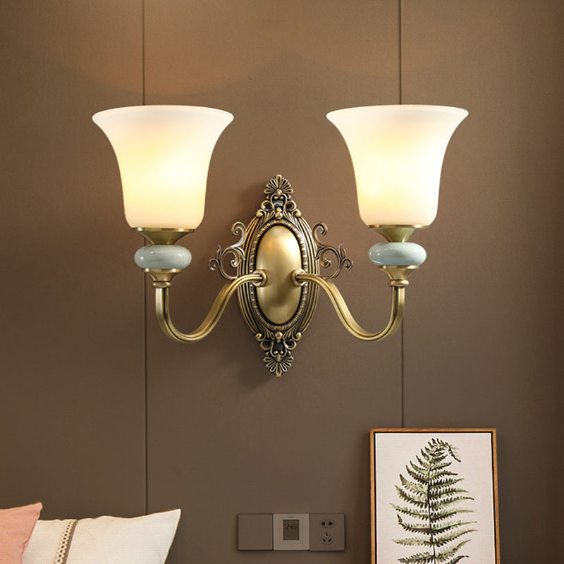 1/2-Bulb Frosted Glass Wall Mount Lamp Vintage Brass Finish Bell Bedside Up Wall Lighting Idea