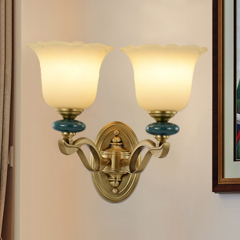 Flower Frosted Glass Wall Mounted Light Traditional 1/2-Light Indoor Wall Lamp in Gold