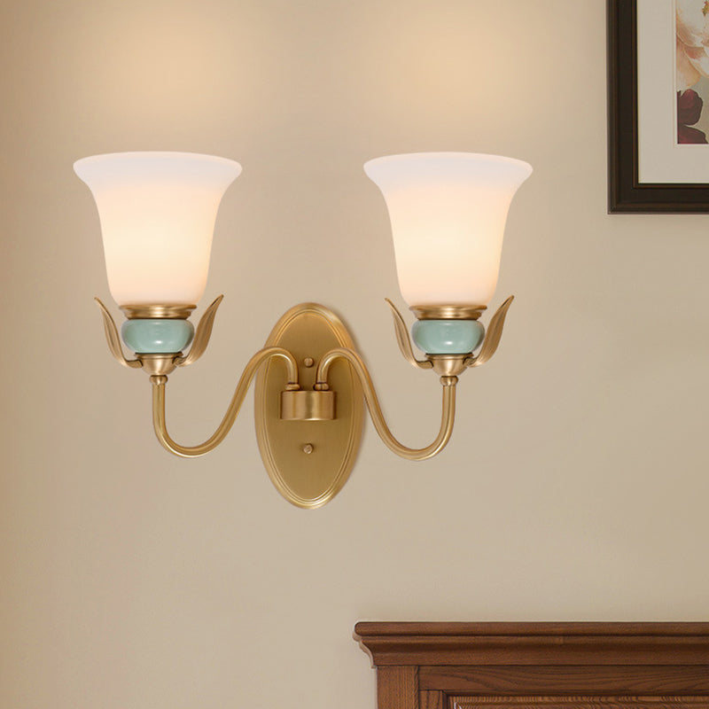 1/2-Head Wall Lighting Vintage Bedroom Wall Mounted Lamp Fixture with Bell White Frosted Glass Shade in Gold