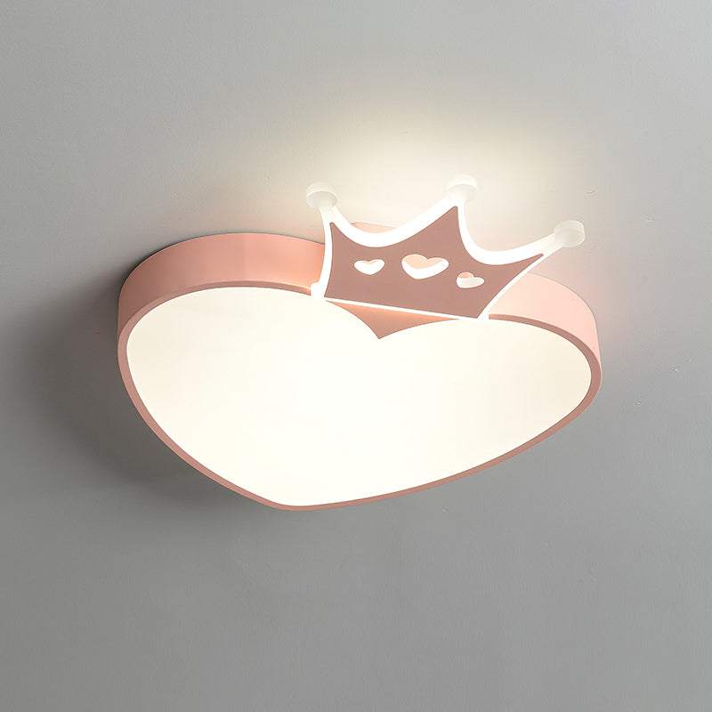 Acrylic Loving Heart Shape Flush Lamp Nordic Style LED Flush Mounted Lighting in Pink/Blue with Crown Decor