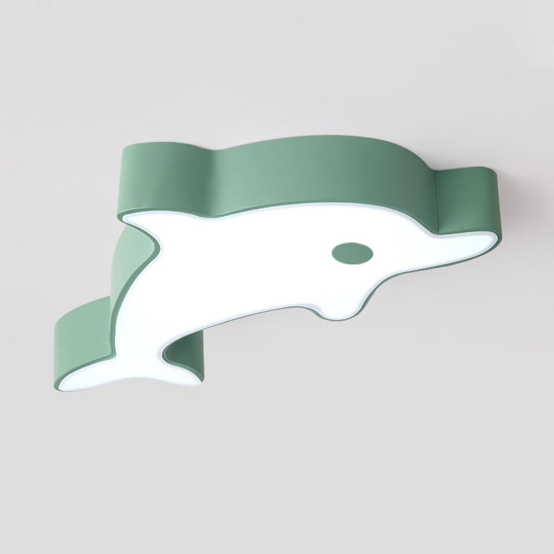 LED Bedroom Ceiling Flush Mount Cartoon Grey/Blue/Green Finish Flush Light with Dolphin Acrylic Shade