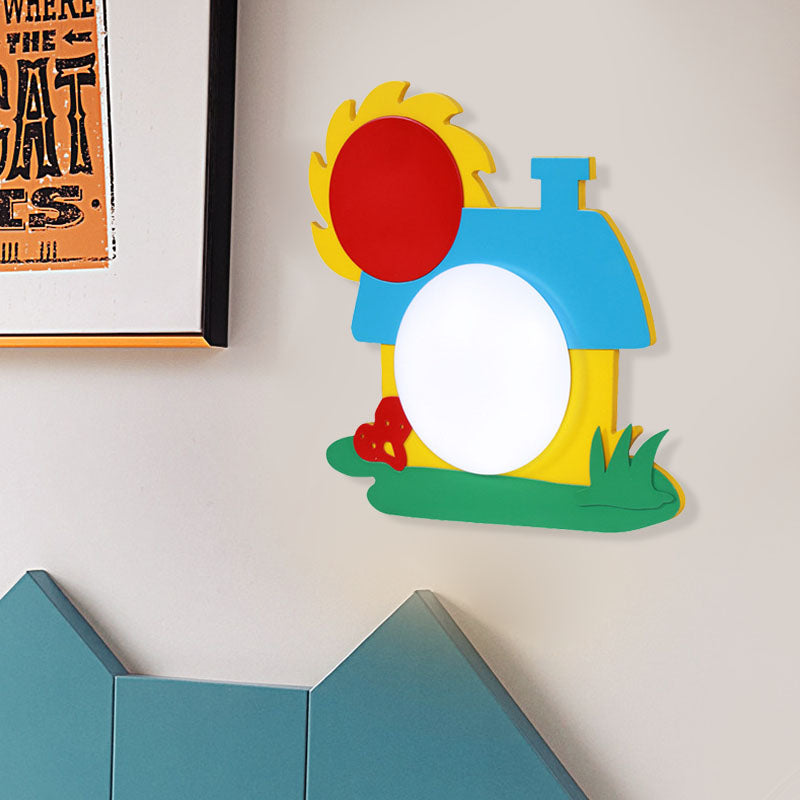 Cartoon House Wall Light Wooden LED Nursery Wall Sconce with Acrylic Shade in Red-Yellow-Blue