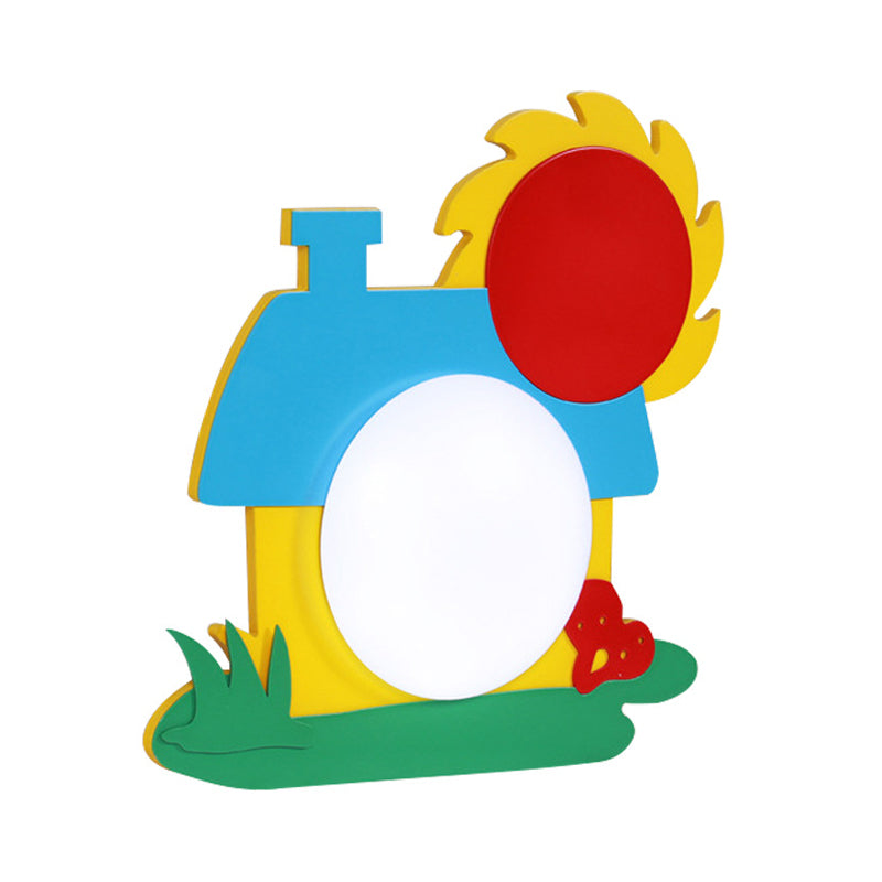 Cartoon House Wall Light Wooden LED Nursery Wall Sconce with Acrylic Shade in Red-Yellow-Blue