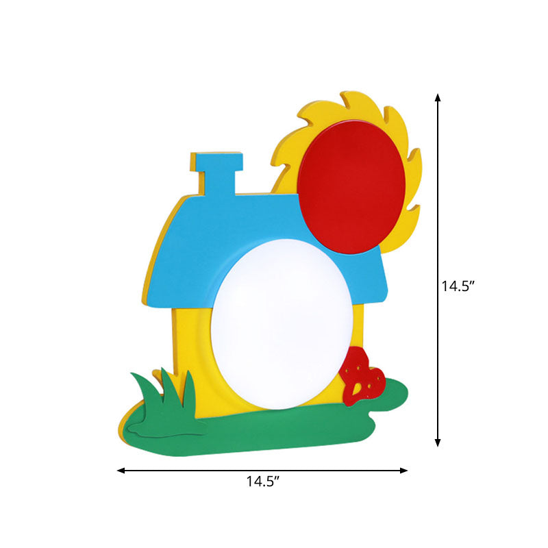 Cartoon House Wall Light Wooden LED Nursery Wall Sconce with Acrylic Shade in Red-Yellow-Blue