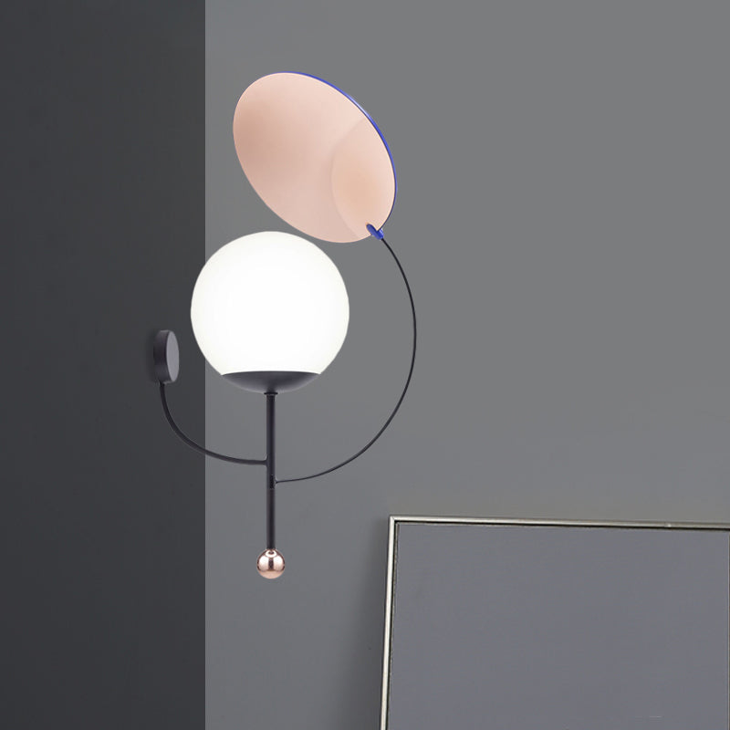 Nordic Sphere Wall Sconce Opal Glass 1-Head Bedroom Wall Light Fixture in Black with Round Mirror
