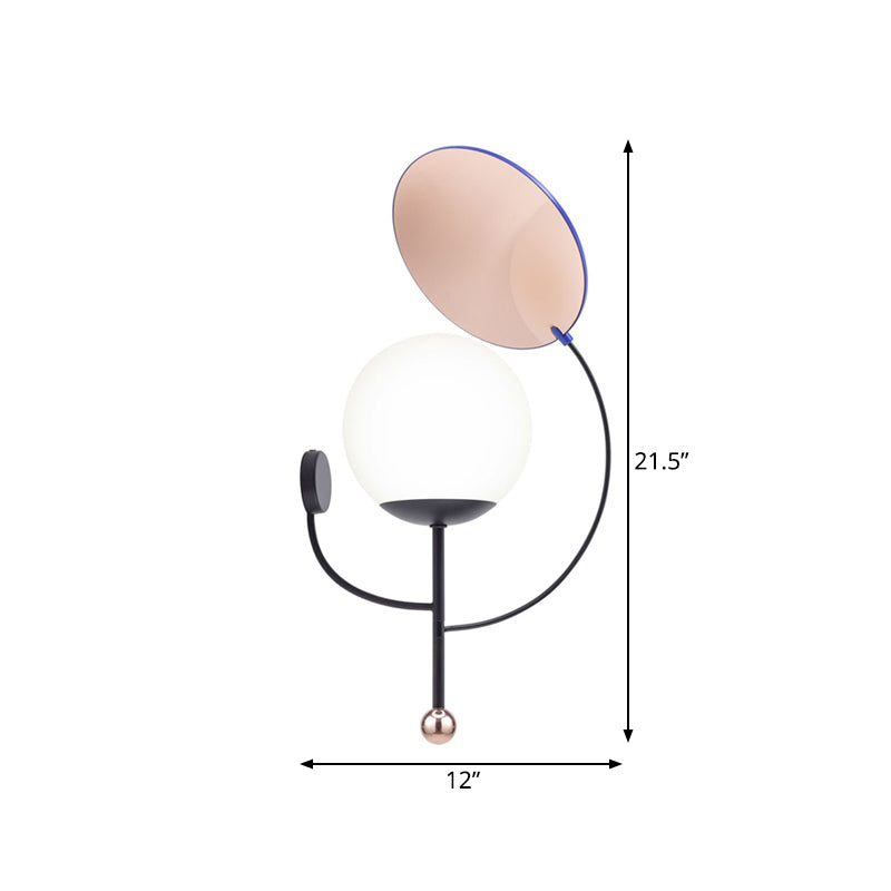 Nordic Sphere Wall Sconce Opal Glass 1-Head Bedroom Wall Light Fixture in Black with Round Mirror
