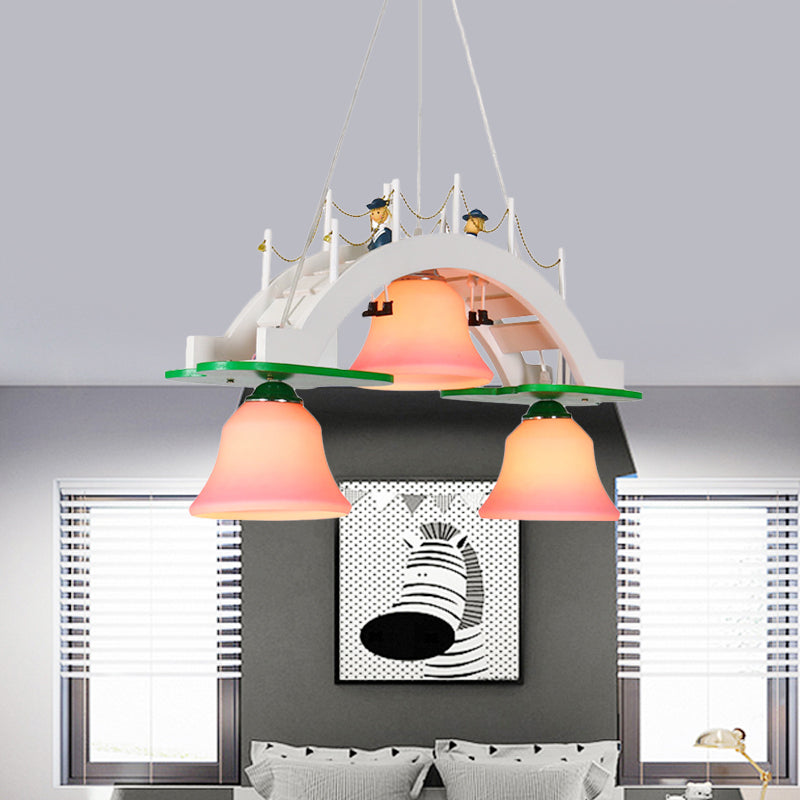 Pink Glass Bell Chandelier Kids 3-Light Down Lighting Pendant with Wooden Bridge Design