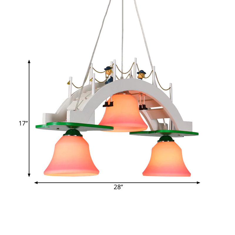 Pink Glass Bell Chandelier Kids 3-Light Down Lighting Pendant with Wooden Bridge Design