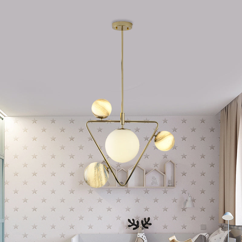 Nordic Ball Chandelier Light Frosted Glass 4-Bulb Living Room Pendant Lamp in Gold with Triangle Cage