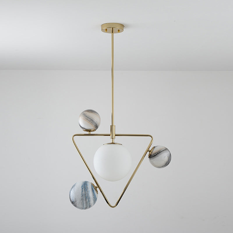 Nordic Ball Chandelier Light Frosted Glass 4-Bulb Living Room Pendant Lamp in Gold with Triangle Cage