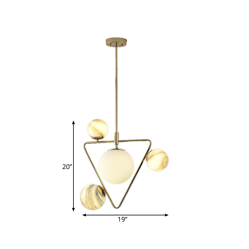 Nordic Ball Chandelier Light Frosted Glass 4-Bulb Living Room Pendant Lamp in Gold with Triangle Cage