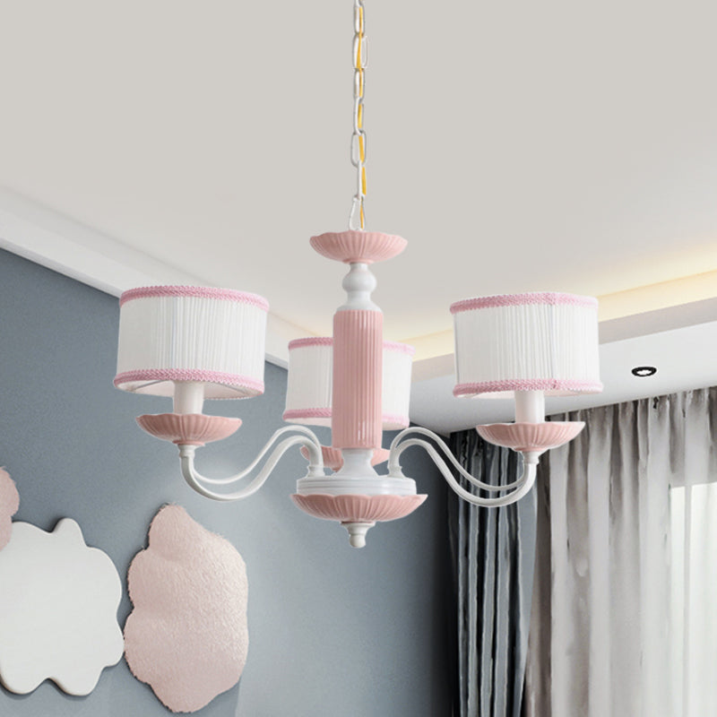 Macaroon 3/6 Bulbs Pendant Light Pink/Blue Drum Chandelier Lighting Fixture with Fabric Shade