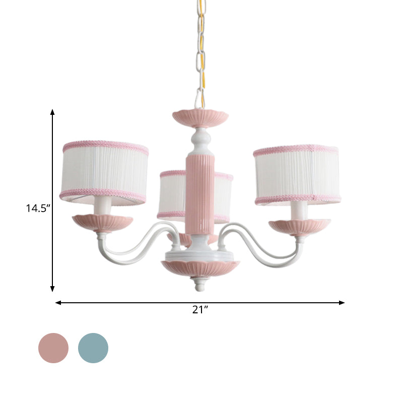 Macaroon 3/6 Bulbs Pendant Light Pink/Blue Drum Chandelier Lighting Fixture with Fabric Shade