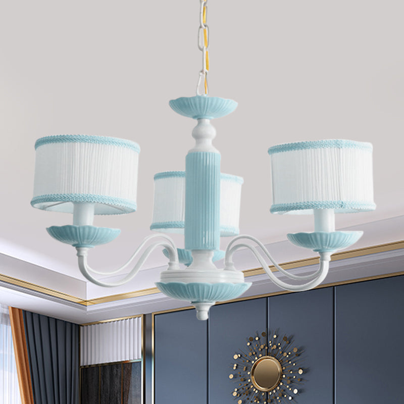 Macaroon 3/6 Bulbs Pendant Light Pink/Blue Drum Chandelier Lighting Fixture with Fabric Shade