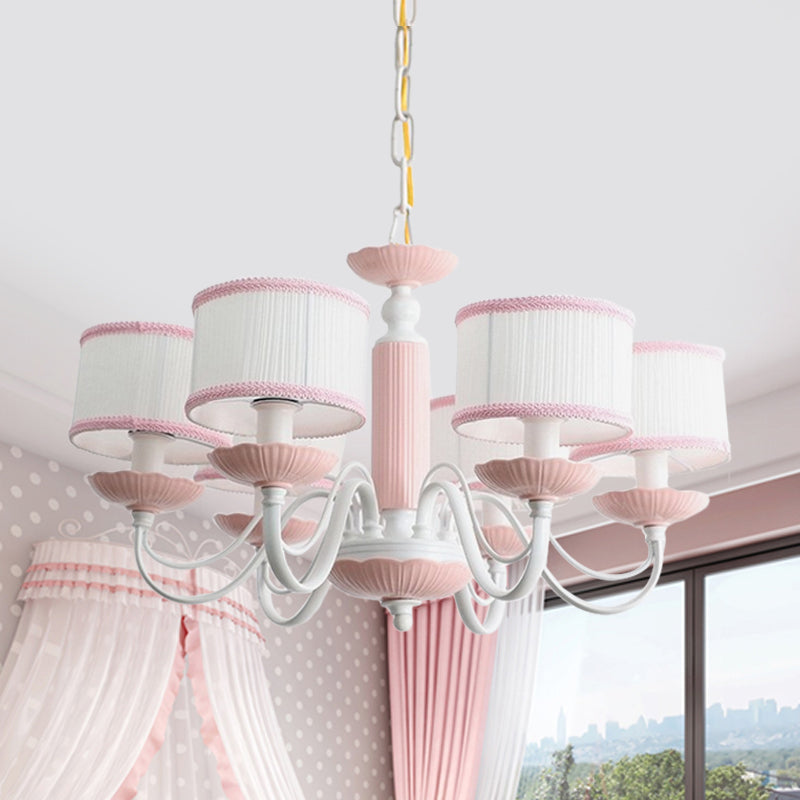 Macaroon 3/6 Bulbs Pendant Light Pink/Blue Drum Chandelier Lighting Fixture with Fabric Shade