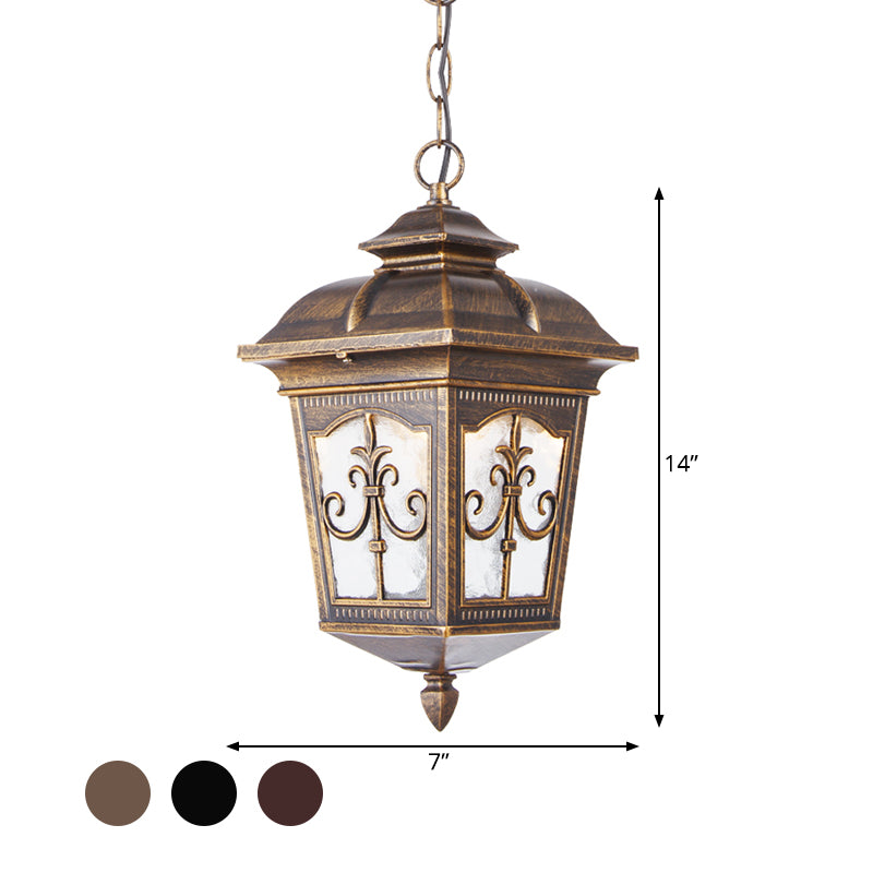 Clear Ripple Glass Black/Bronze Ceiling Lamp Lantern Shaped 1-Light Farmhouse Pendant Light Fixture for Patio