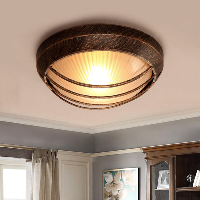 Bowl Frosted Ribbed Glass Flush Mount Rustic 1-Light Porch Ceiling Mounted Light in Bronze with Metal Cage