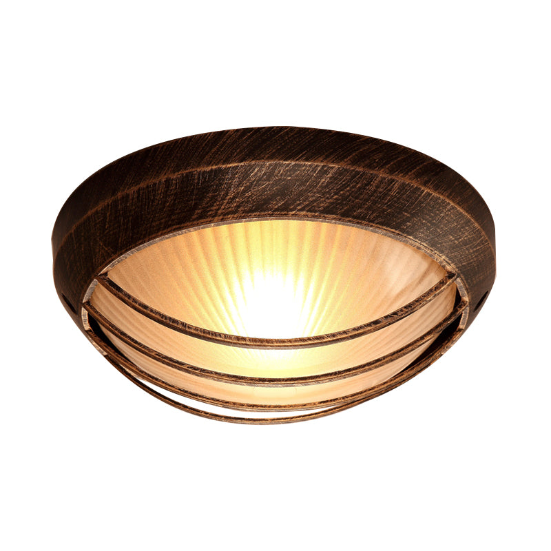 Bowl Frosted Ribbed Glass Flush Mount Rustic 1-Light Porch Ceiling Mounted Light in Bronze with Metal Cage