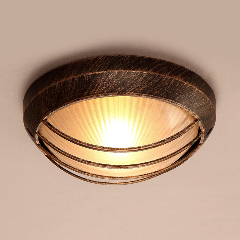 Bowl Frosted Ribbed Glass Flush Mount Rustic 1-Light Porch Ceiling Mounted Light in Bronze with Metal Cage