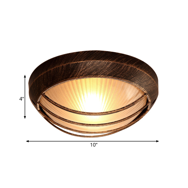 Bowl Frosted Ribbed Glass Flush Mount Rustic 1-Light Porch Ceiling Mounted Light in Bronze with Metal Cage