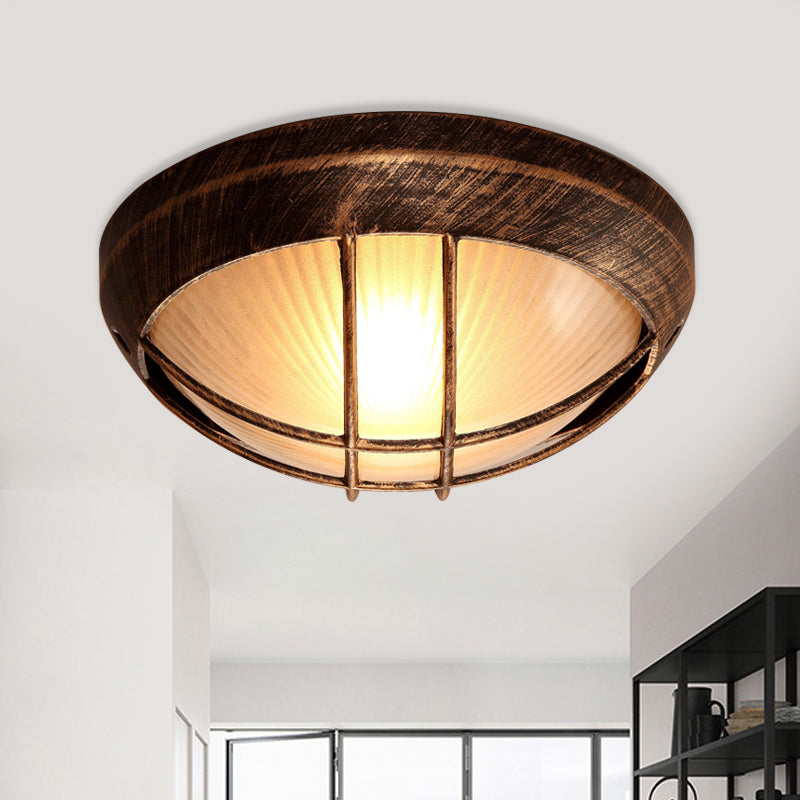 Bowl Frosted Ribbed Glass Flush Mount Rustic 1-Light Porch Ceiling Mounted Light in Bronze with Metal Cage
