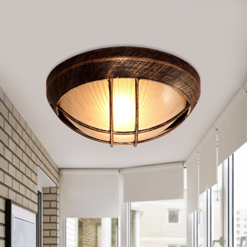 Bowl Frosted Ribbed Glass Flush Mount Rustic 1-Light Porch Ceiling Mounted Light in Bronze with Metal Cage