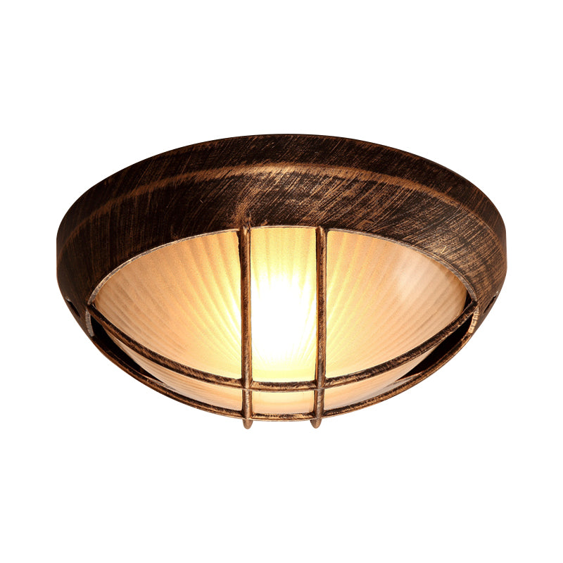 Bowl Frosted Ribbed Glass Flush Mount Rustic 1-Light Porch Ceiling Mounted Light in Bronze with Metal Cage