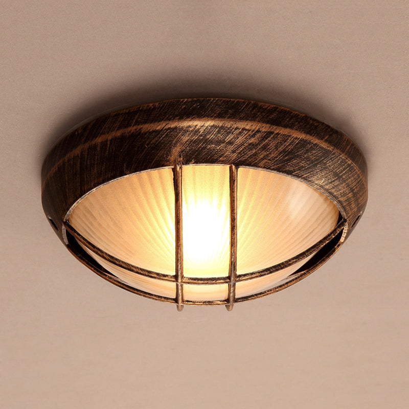 Bowl Frosted Ribbed Glass Flush Mount Rustic 1-Light Porch Ceiling Mounted Light in Bronze with Metal Cage