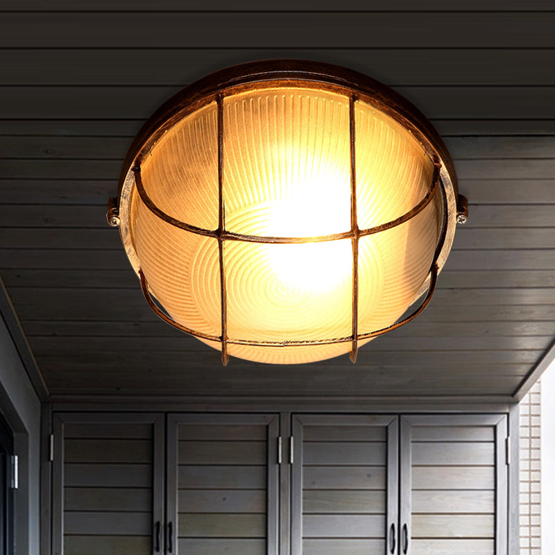 Bowl Frosted Ribbed Glass Flush Mount Rustic 1-Light Porch Ceiling Mounted Light in Bronze with Metal Cage