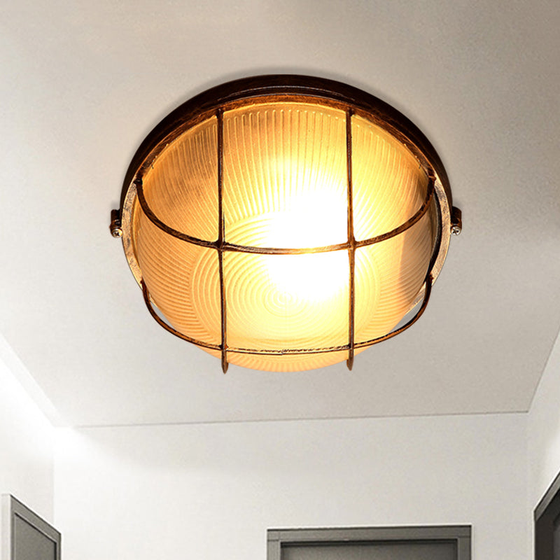 Bowl Frosted Ribbed Glass Flush Mount Rustic 1-Light Porch Ceiling Mounted Light in Bronze with Metal Cage