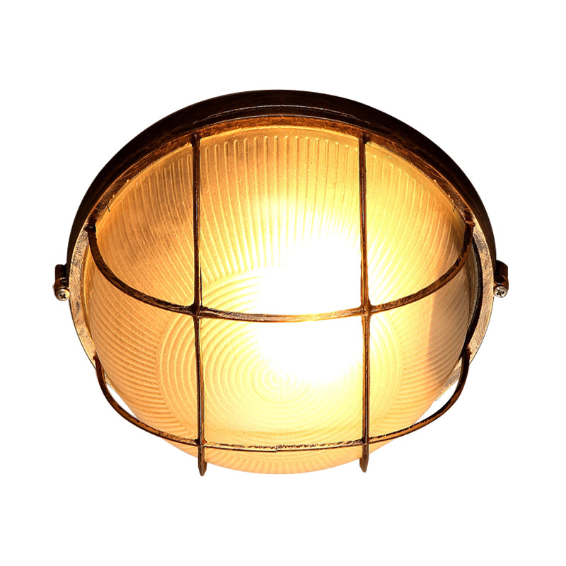 Bowl Frosted Ribbed Glass Flush Mount Rustic 1-Light Porch Ceiling Mounted Light in Bronze with Metal Cage