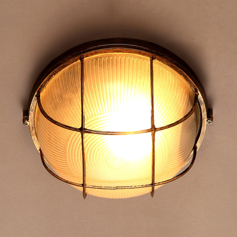 Bowl Frosted Ribbed Glass Flush Mount Rustic 1-Light Porch Ceiling Mounted Light in Bronze with Metal Cage