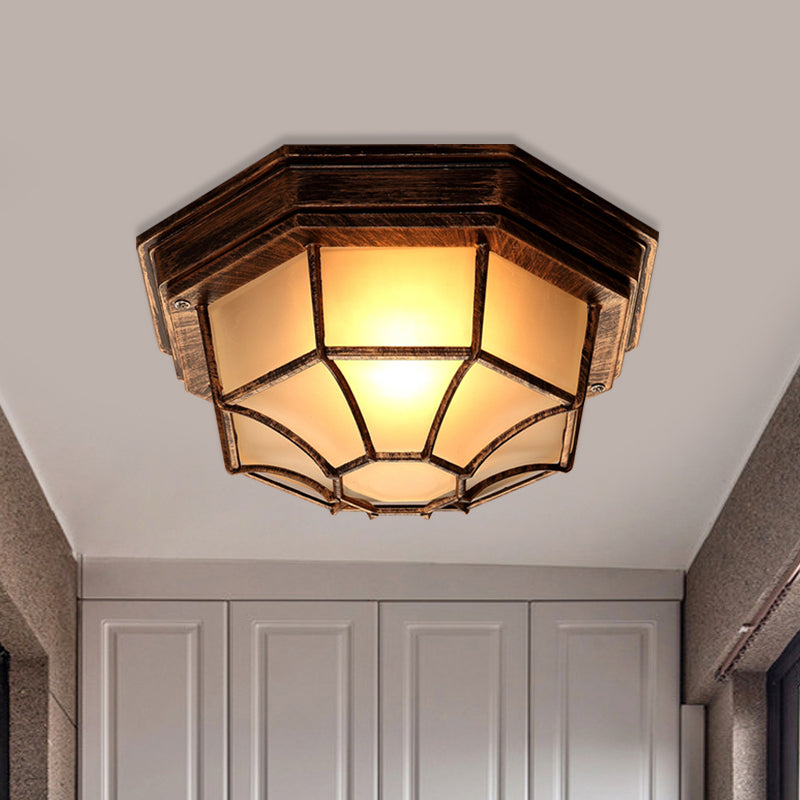 1 Light Flush Mount Fixture Lodge Octagonal Frosted Glass Close to Ceiling Light in Bronze with Cage